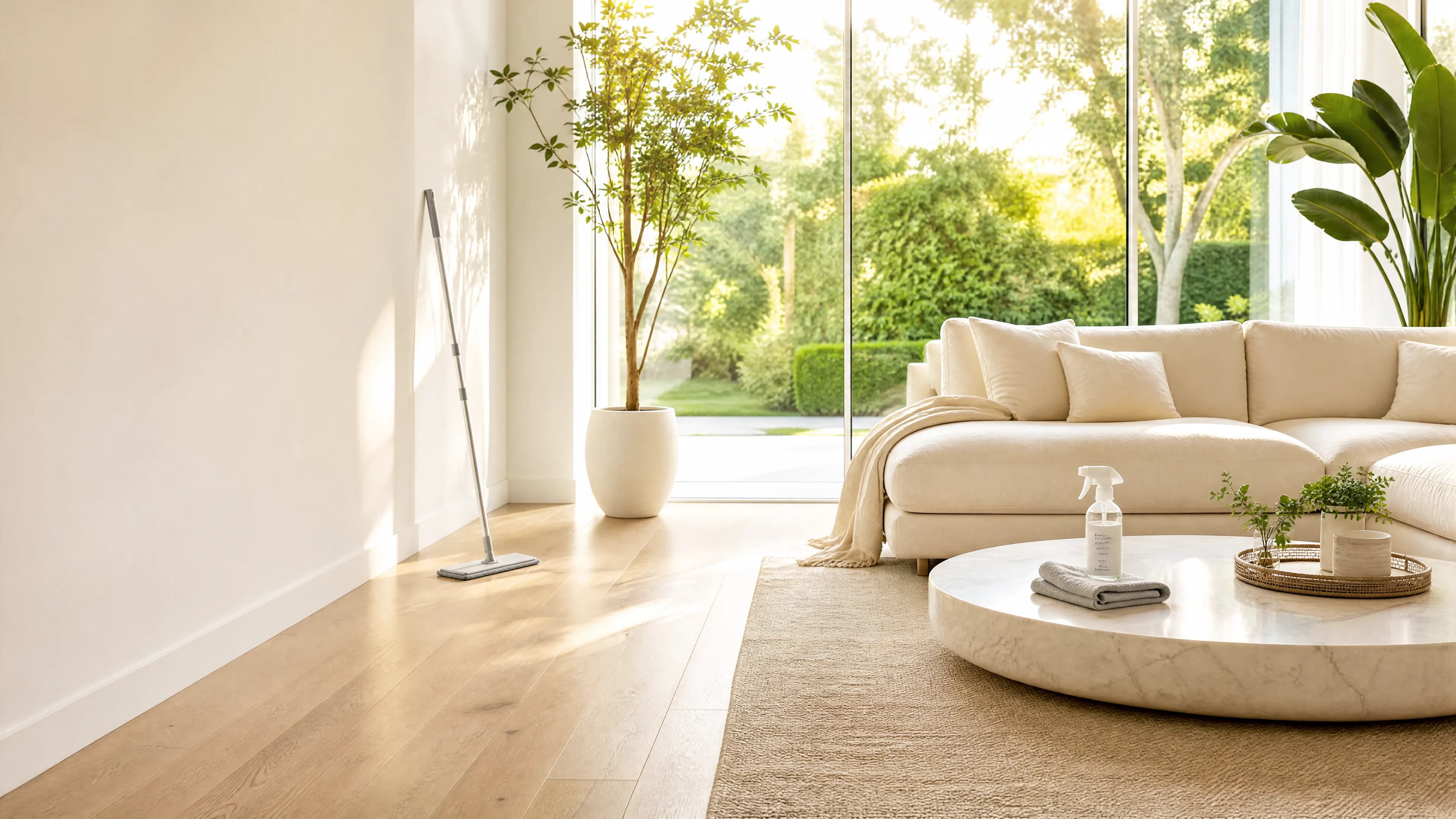 Sun-drenched, professionally cleaned modern living room with minimalist white furniture and indoor plants